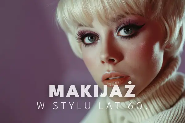 Kobieta z blond fryzurą i wyrazistym makijażem oczu, w tym kreskówkowymi kreskami i sztucznymi rzęsami. Makijaż lata 60. podkreśla jej urodę.